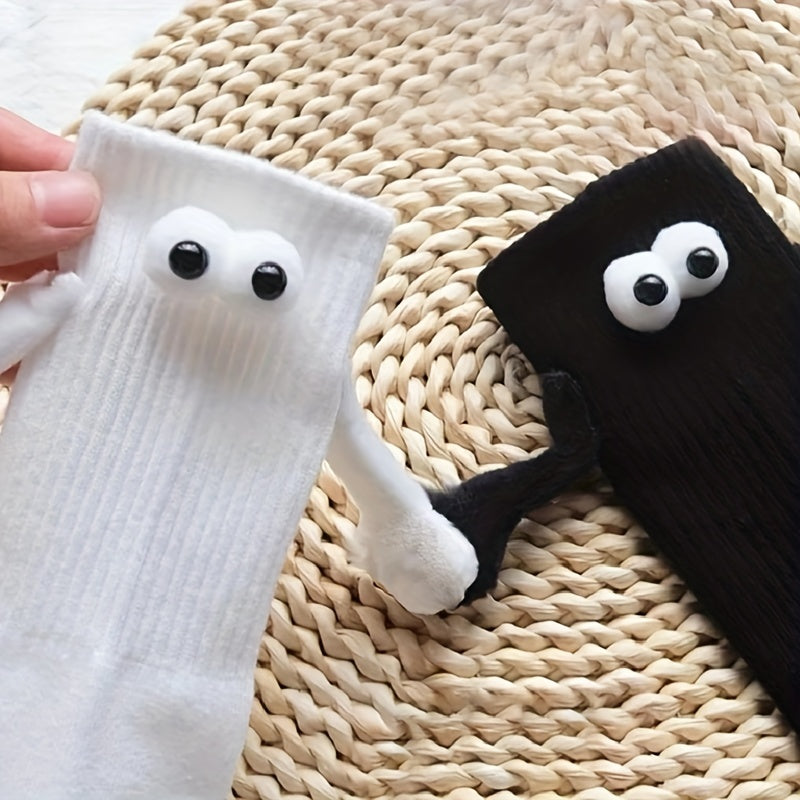 Creative Sweat-absorbing Mid-calf Socks with Magnetic Hand Holding Dolls