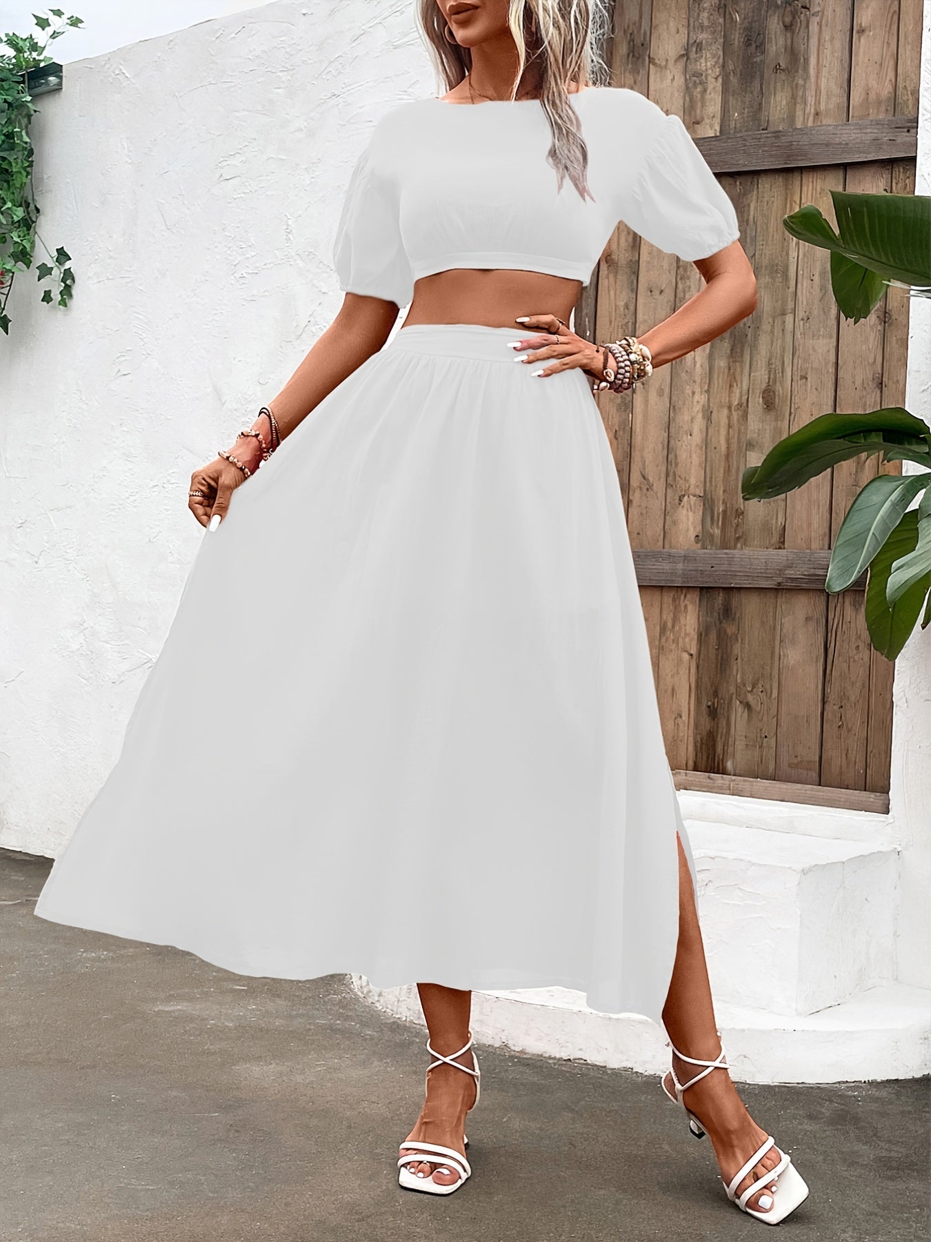 Solid Two Piece Set Crop Top & Split Skirt Outfit