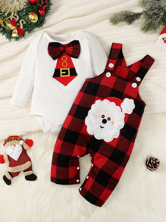 Christmas Santa Claus Plaid Suspender Jumpsuit Baby Boys Set