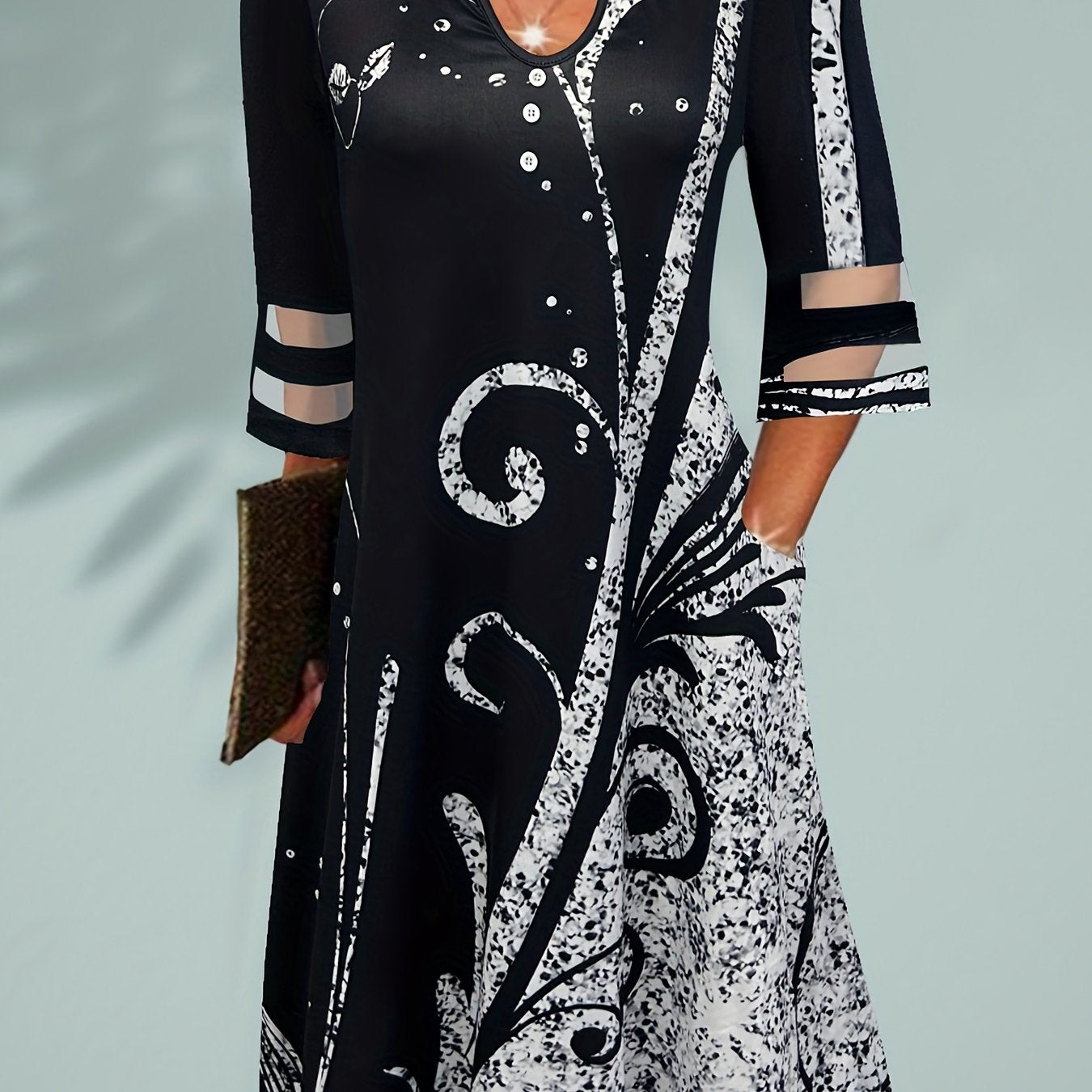  Boho Dress Women's Plus Colorblock Floral Print Mesh Half Sle