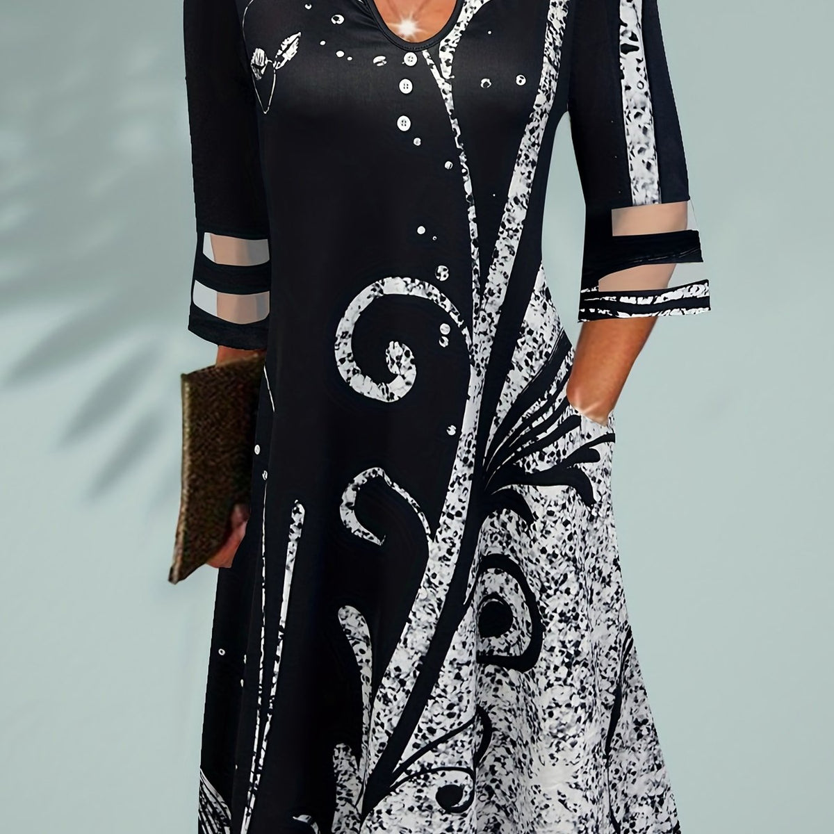  Boho Dress Women's Plus Colorblock Floral Print Mesh Half Sle