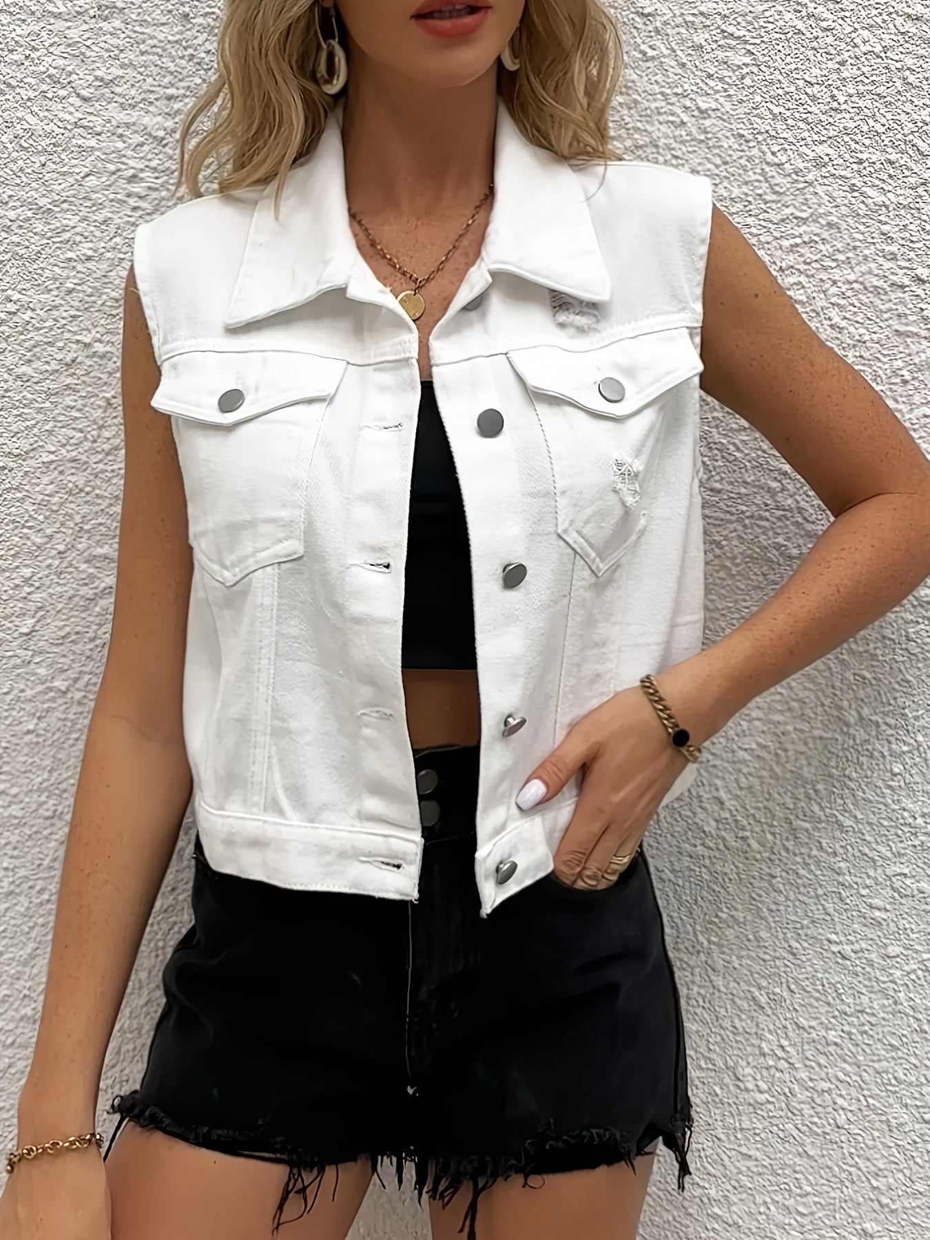 Sleeveless Single Breasted Denim Vest Women's Clothing
