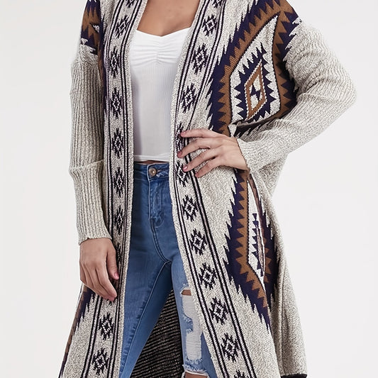 Women's Plus Geometric Print Long Sleeve Cardigan