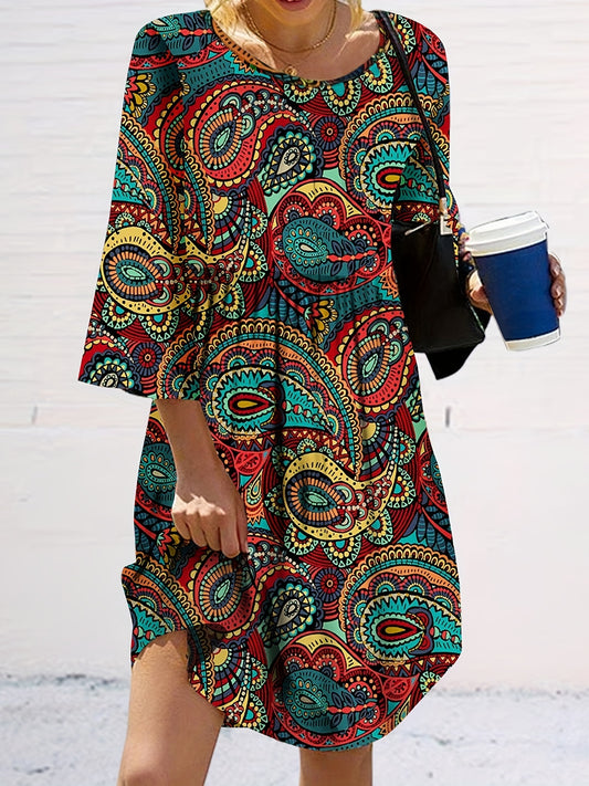  Boho Dress Women's Plus Paisley Print Half Sleeve