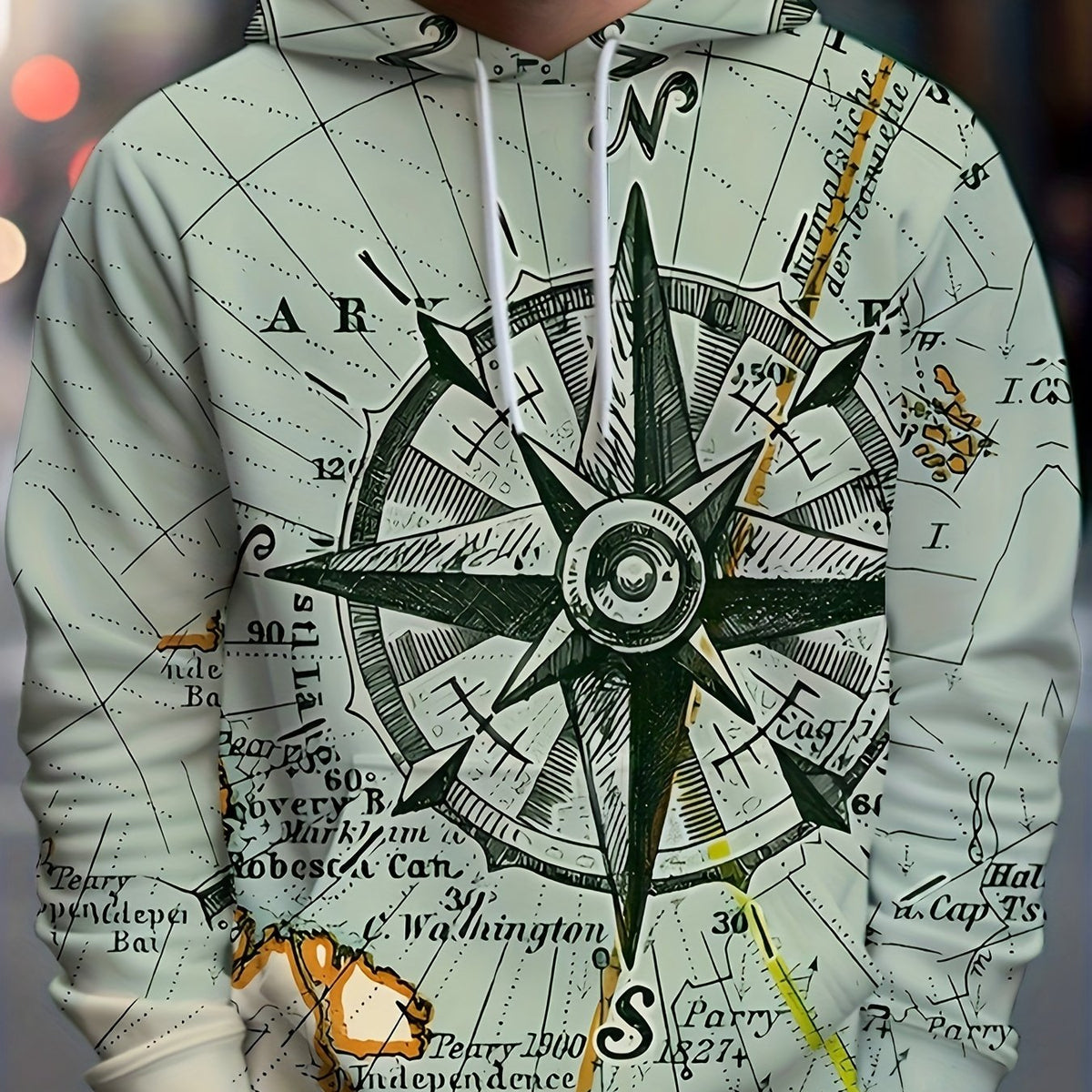 Compass Print Graphic Hoodie Loose Pullover for Men