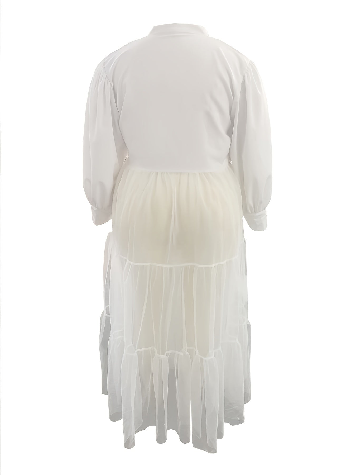  Solid Mesh Button Up Lantern Sleeve Smock Dress