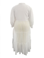  Solid Mesh Button Up Lantern Sleeve Smock Dress