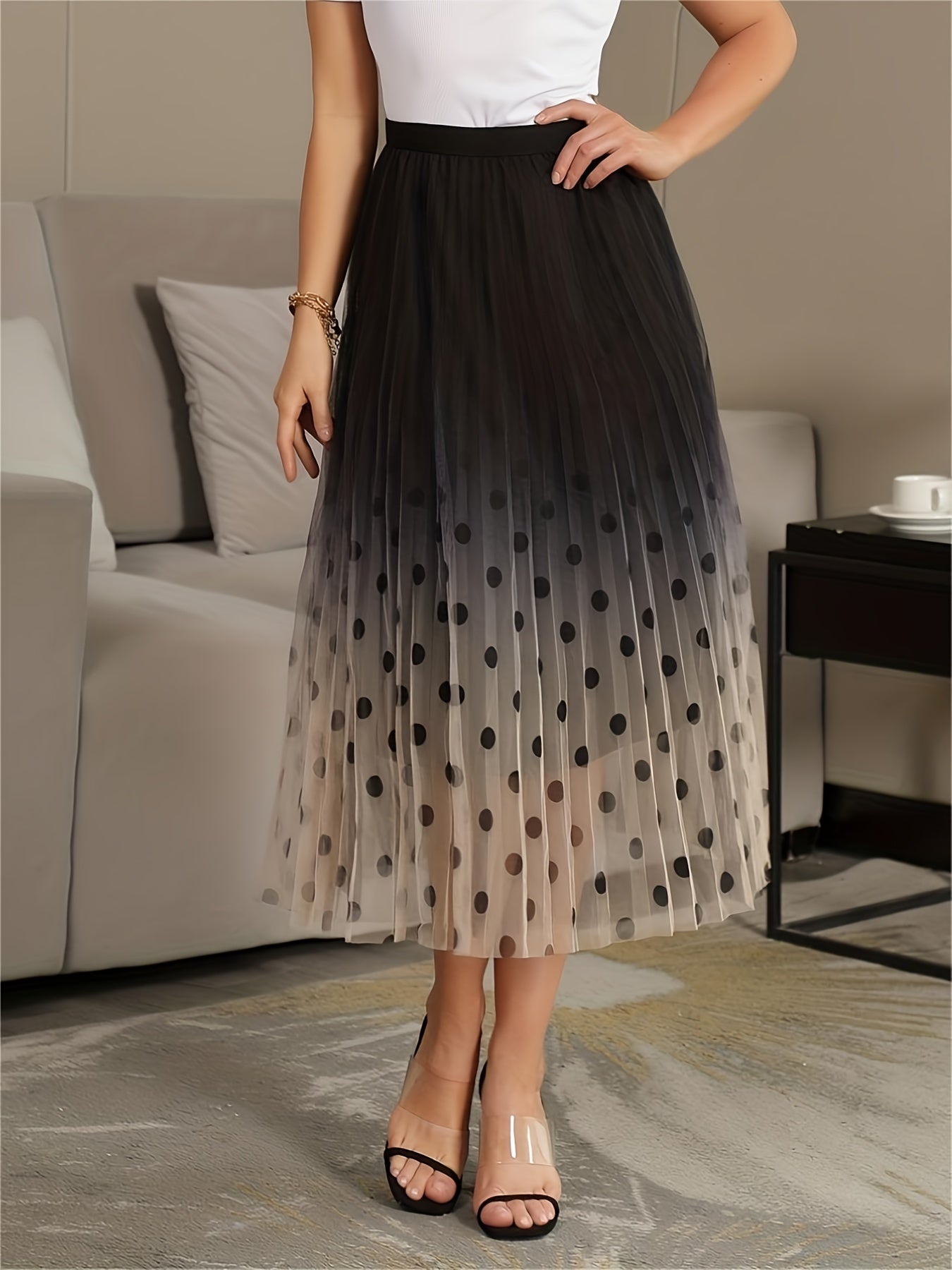 Polka Dot Gradient Pleated Maxi Skirt