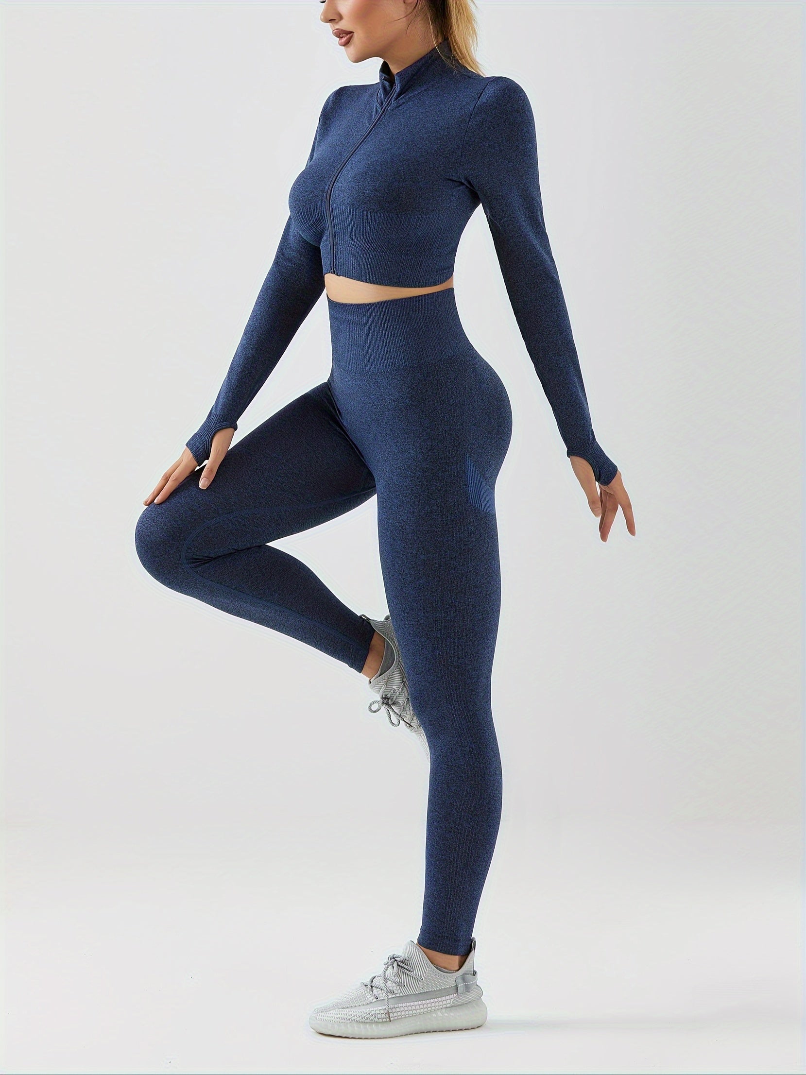 2pcs Workout Set Long Sleeve Top & High Waist Leggings Suit Women's Activewear