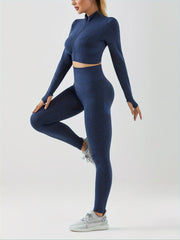 2pcs Workout Set Long Sleeve Top & High Waist Leggings Suit Women's Activewear