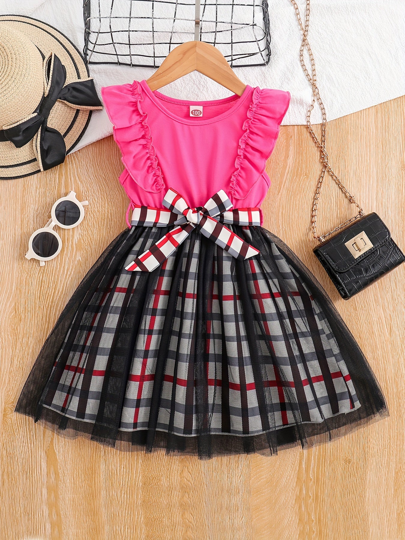 Girls Ruffle Sleeve Plaid Print Princess Dress With Belt