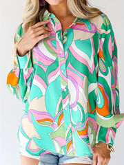  Colorblock Print Button Up Lantern Sleeve Blouse