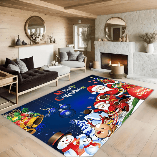 Christmas Living Room Carpet Merry Christmas Cartoon Elk Santa Claus Snowman Rug