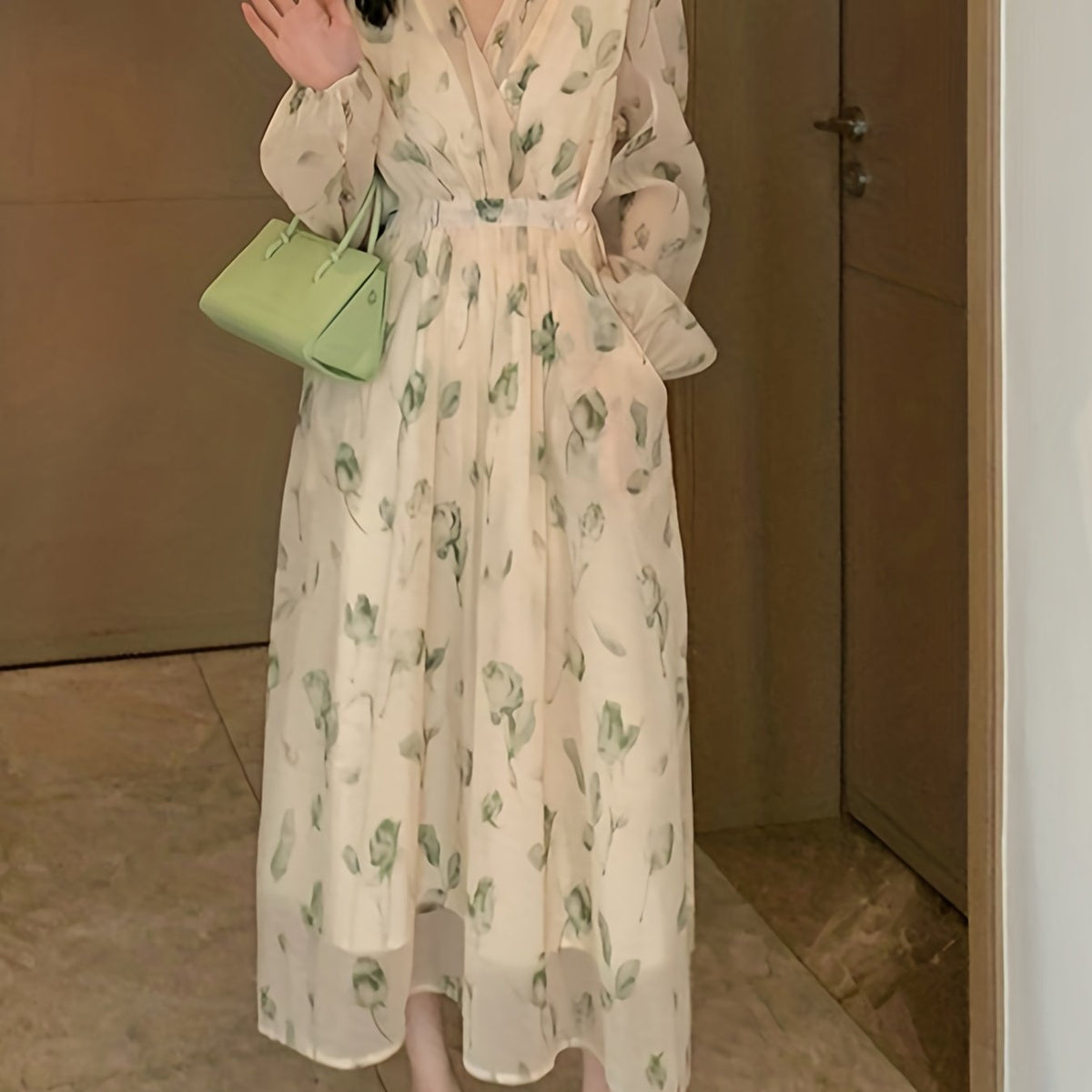 Floral Print Surplice Neck Dress Chiffon Long Sleeve