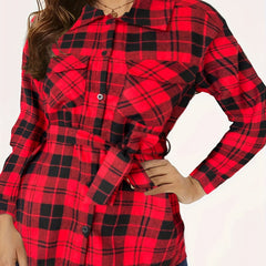  Plaid Print Button Up Long Sleeve Blouse With Belt