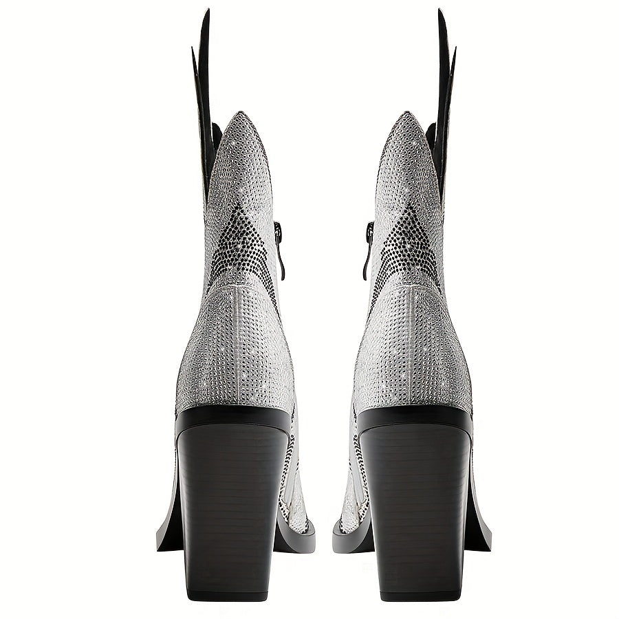 Rhinestone Pointed Toe Ankle Boots Chunky Heels Short Boots