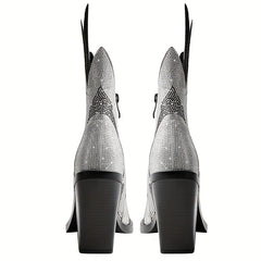 Rhinestone Pointed Toe Ankle Boots Chunky Heels Short Boots