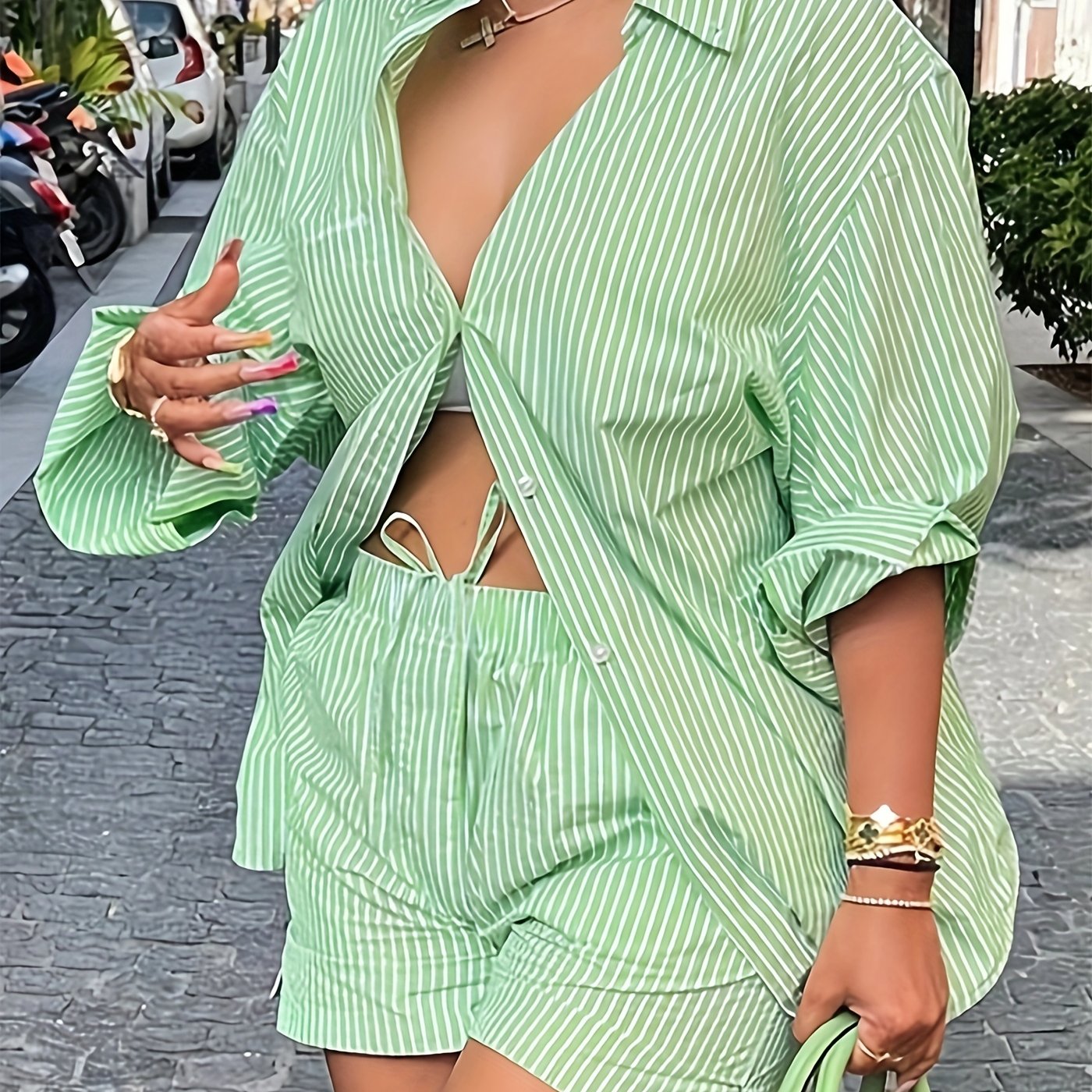 Striped Two Piece Shirt & Shorts Set for Women