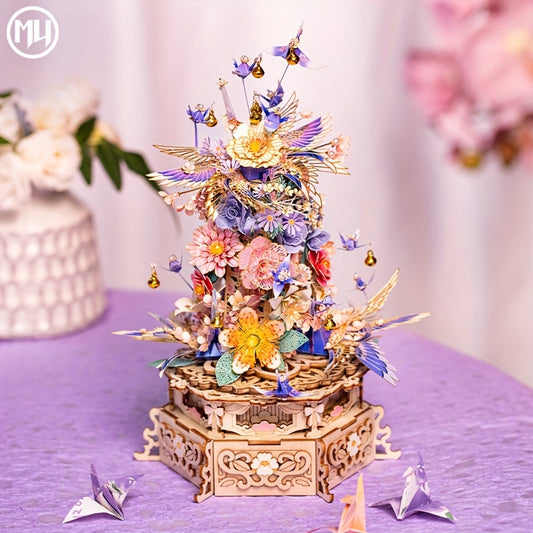 MU Metal Puzzle Model DIY Music Box Rotating Table with Drunken Flowers