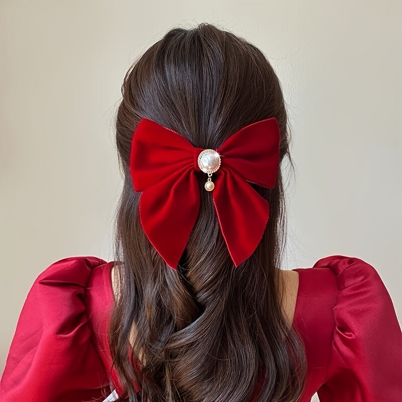 2pcs Vintage Big Hair Bow Clips Velvet Faux Pearl Hair Pins
