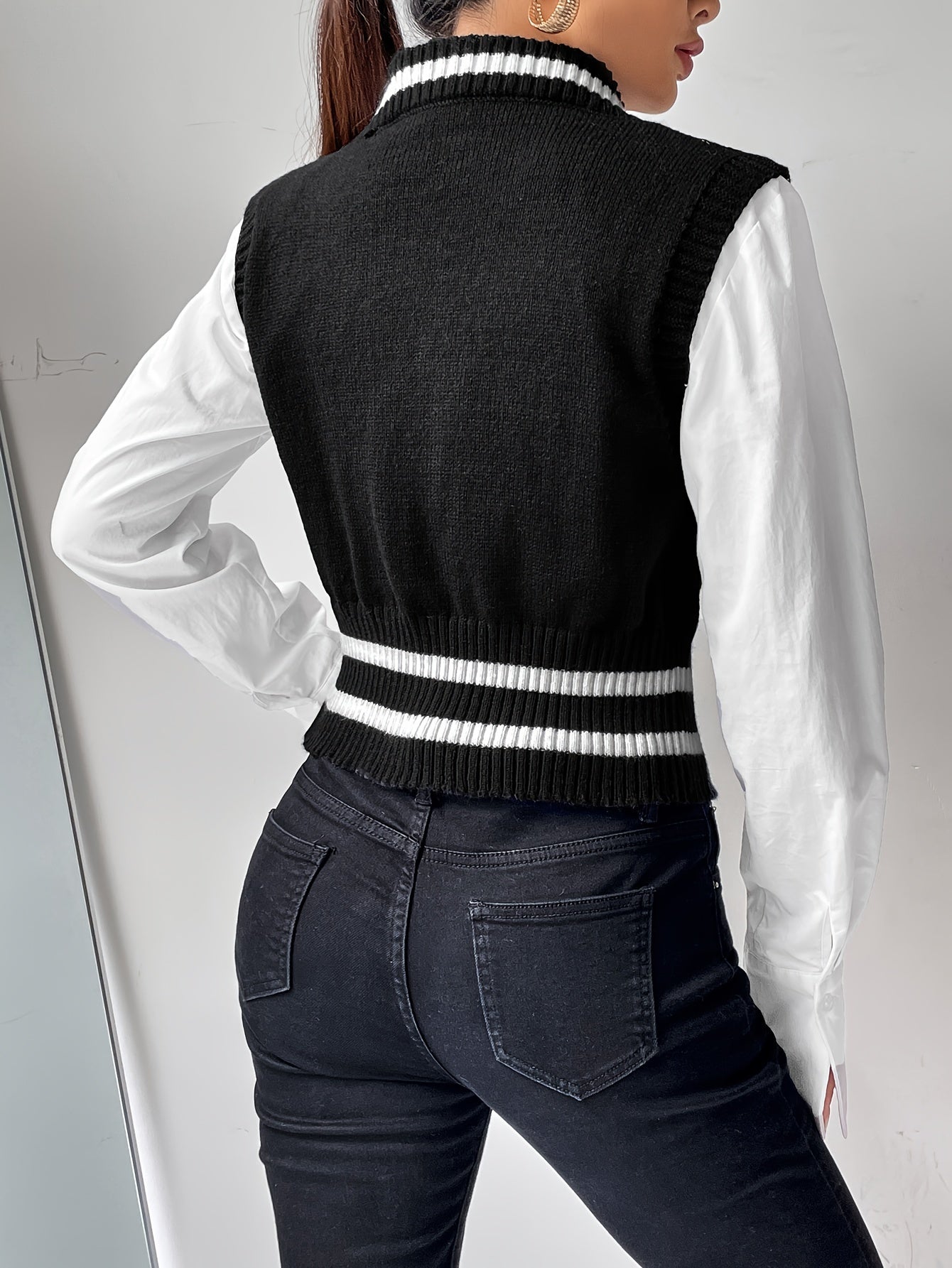  Preppy Sweater Vest Women's Plus Colorblock Cable Knit Vest