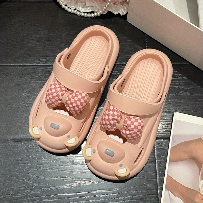 Women's Bear Clogs Checkered Bowknot Closed Toe Sandals