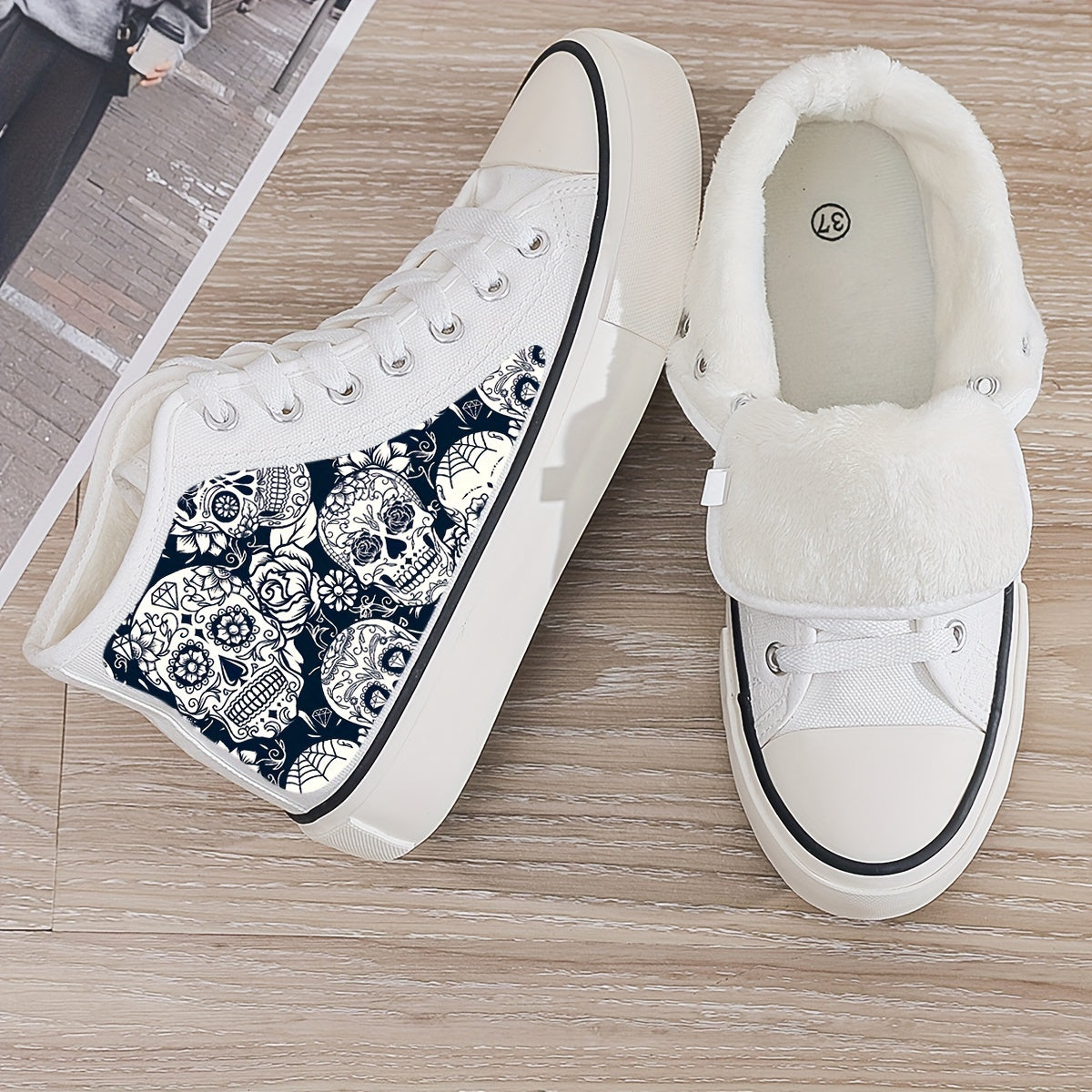 Skull Print Plush Lined Chunky Canvas Sneakers