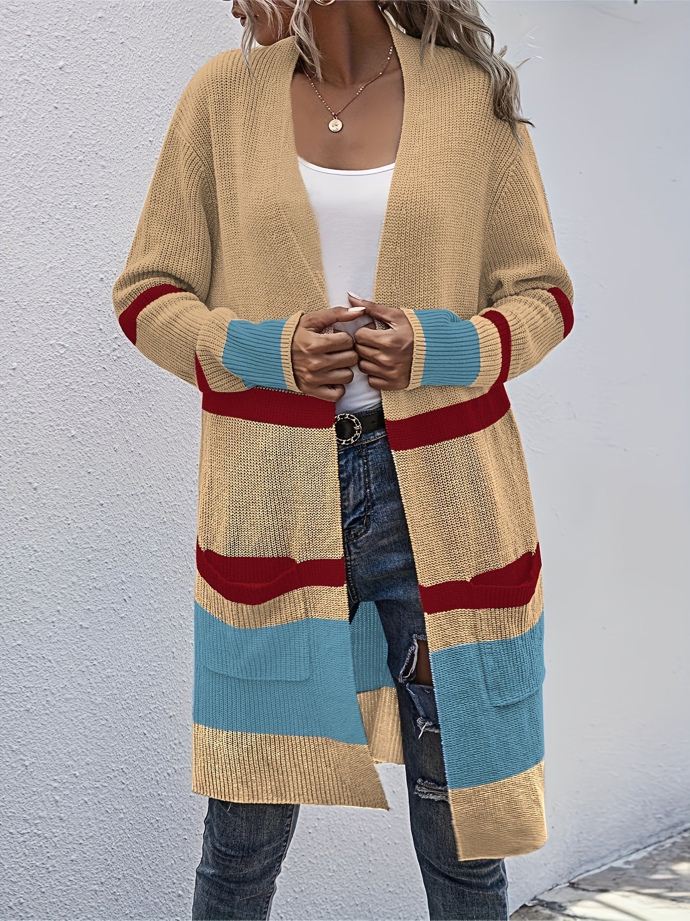  Striped Open Front Cardigan with Pockets