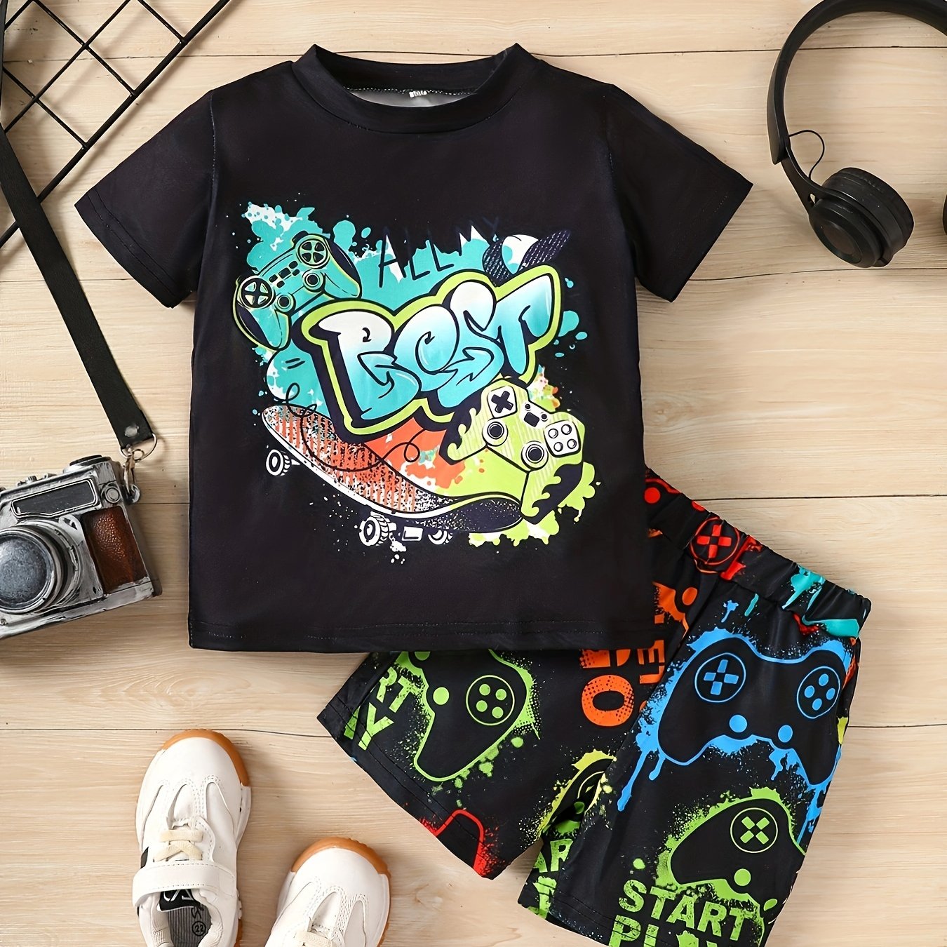 Boys Gamepad Skateboard Print Outfit T shirt & Shorts Kids Summer Clothes