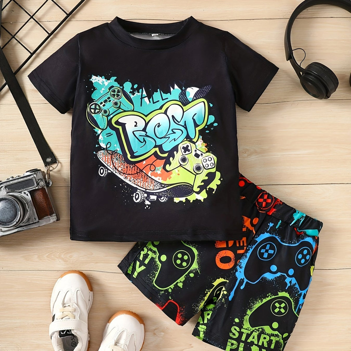 Boys Gamepad Skateboard Print Outfit T shirt & Shorts Kids Summer Clothes
