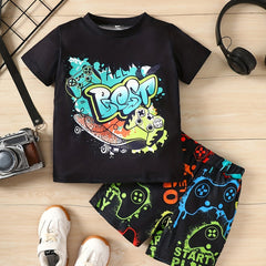 Boys Gamepad Skateboard Print Outfit T shirt & Shorts Kids Summer Clothes