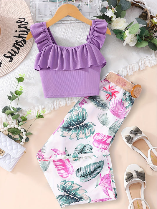 Girls 2pcs Outfits Ribbed Ruffle Tank Top & Plant Print Pants Set