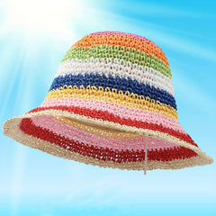 Rainbow Stripe Crochet Bucket Hat Breathable Foldable Straw Sun Hats