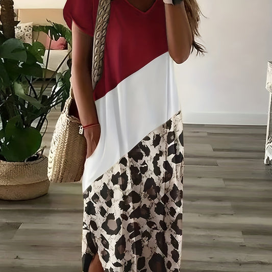  Colorblock Leopard Print Short Sleeve V Neck Tee Dress