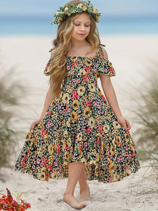 Girls Bohemian Floral Cold Shoulder Ruffle Summer Dress