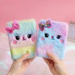 Cartoon Cat Plush Diary Notebook Faux Fur Journal for Teens & Adults