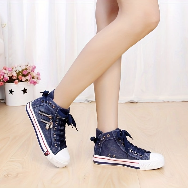 Skull Zipper High Top Canvas Sneakers Lace Up Skate Shoes