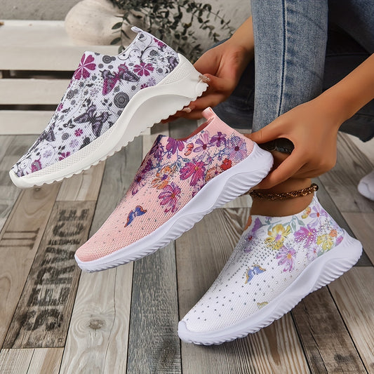 Women's Flower Pattern Slip-On Sneakers, Breathable Knit Low Top Shoes