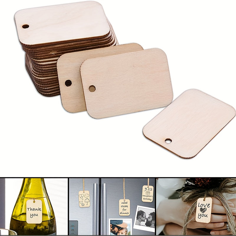 50pcs DIY Wooden Chips with Holes & Hemp Rope for Gift Labels