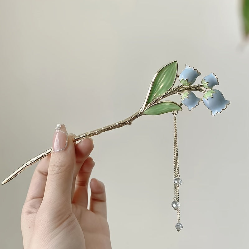 Vintage Chinese Hairpin Faux Pearl Flower Lantern Tassel Chignon