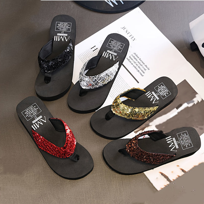 Sequin Thick Sole Wedge Sandals Non Slip Summer Thong Sandals