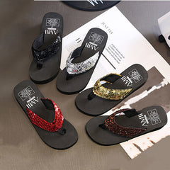 Sequin Thick Sole Wedge Sandals Non Slip Summer Thong Sandals