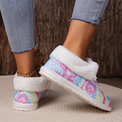 Women's Tie Dye Fluffy Snow Boots Warm & Comfy Slip On Flat Shoes