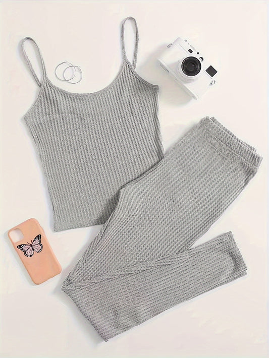 Solid Waffle Lounge Set Cami Top & Pants Women's Loungewear