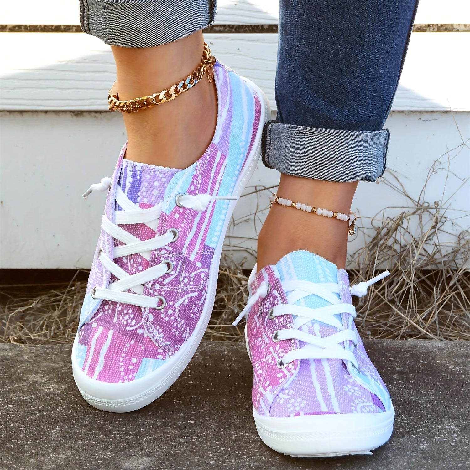 Women's Splicing Colors Canvas Shoes Round Toe Low Top Lace Up Shoes