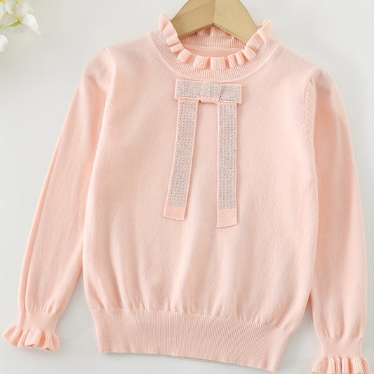 Girls Bow Front Flounce Cuffs Long Sleeve Sweater Top