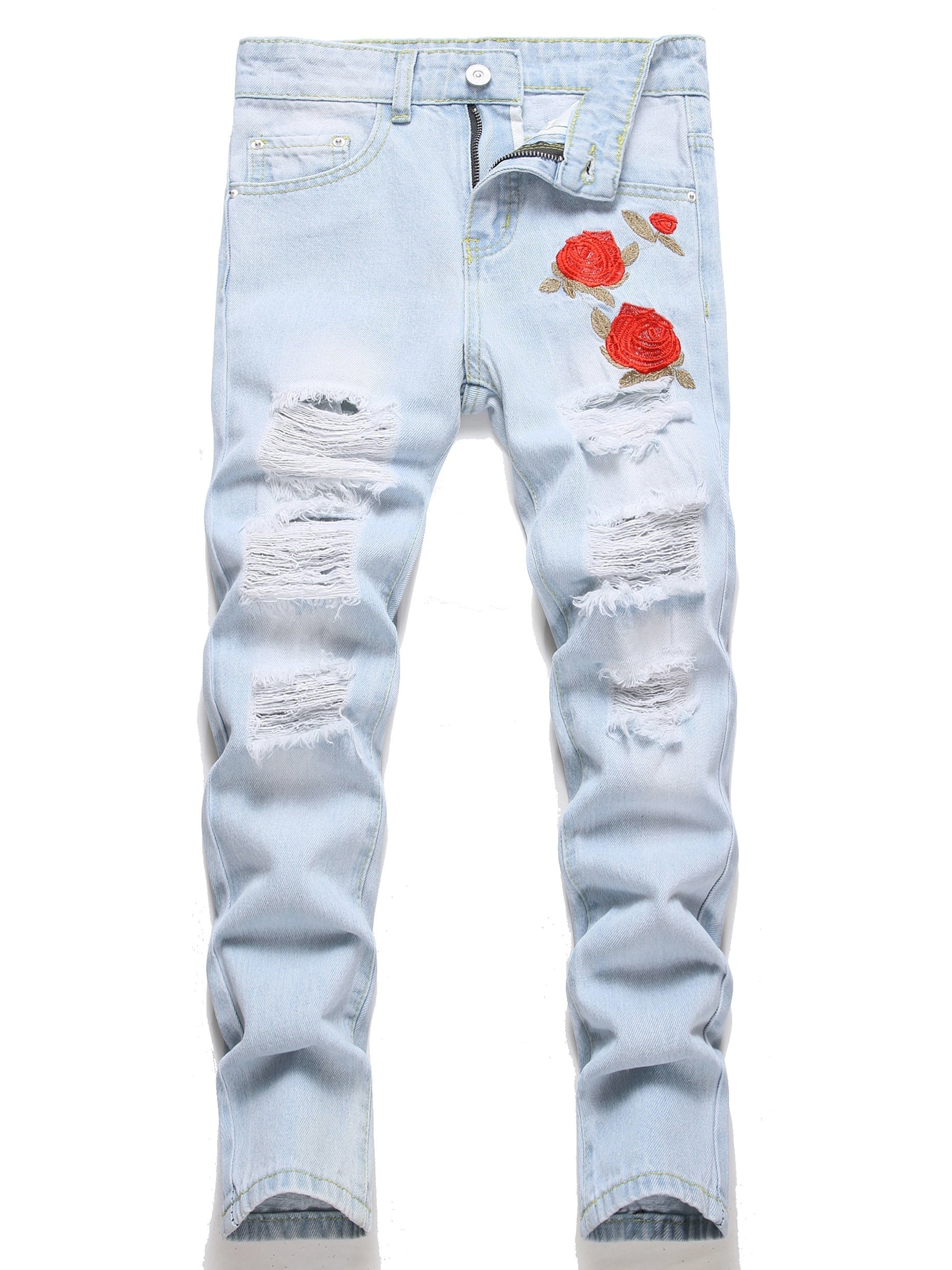 Boys Rose Print Ripped Jeans Denim Pants for Spring and Autumn