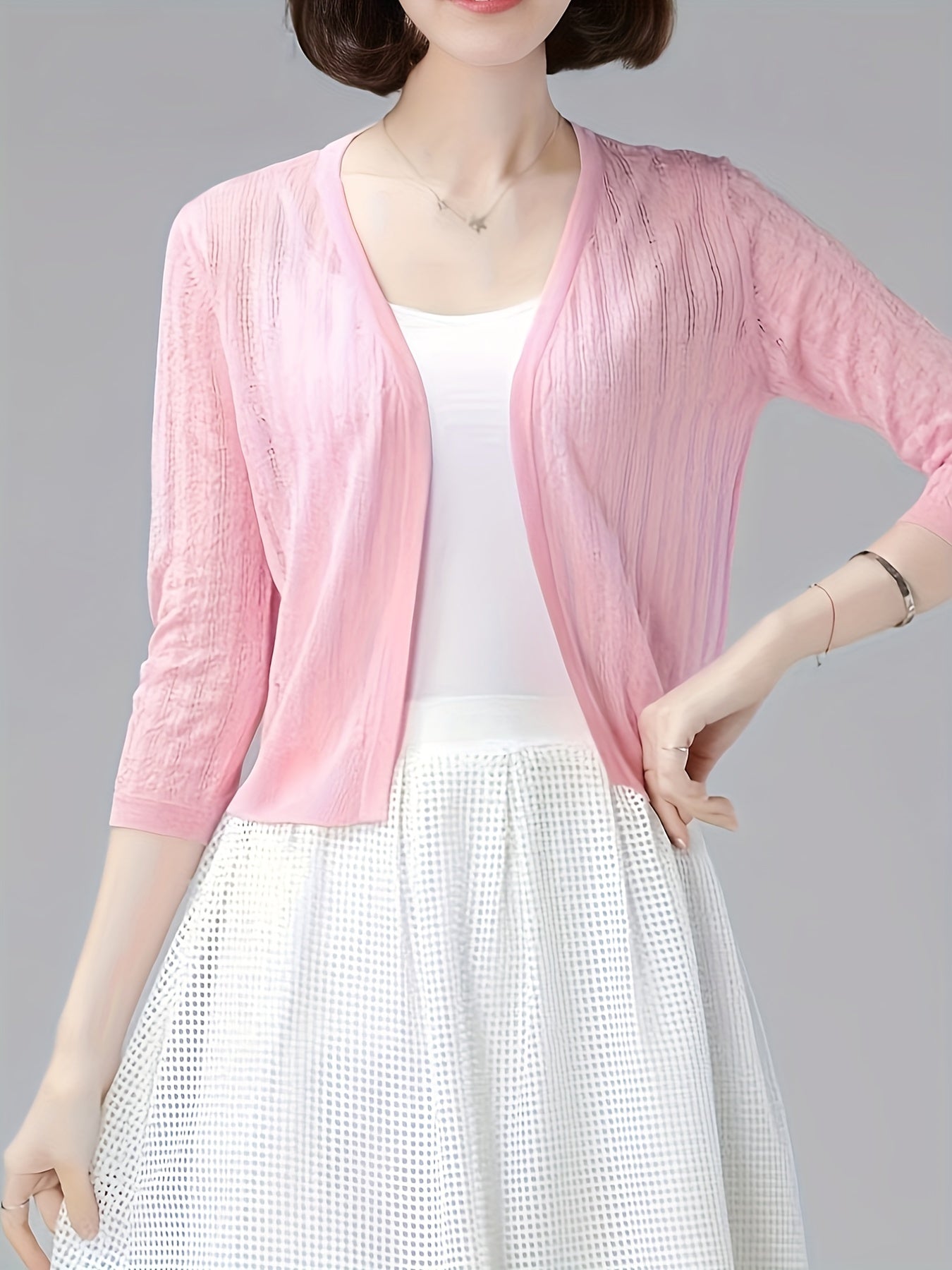 Solid Knit Cardigan 3/4 Sleeve Sweater