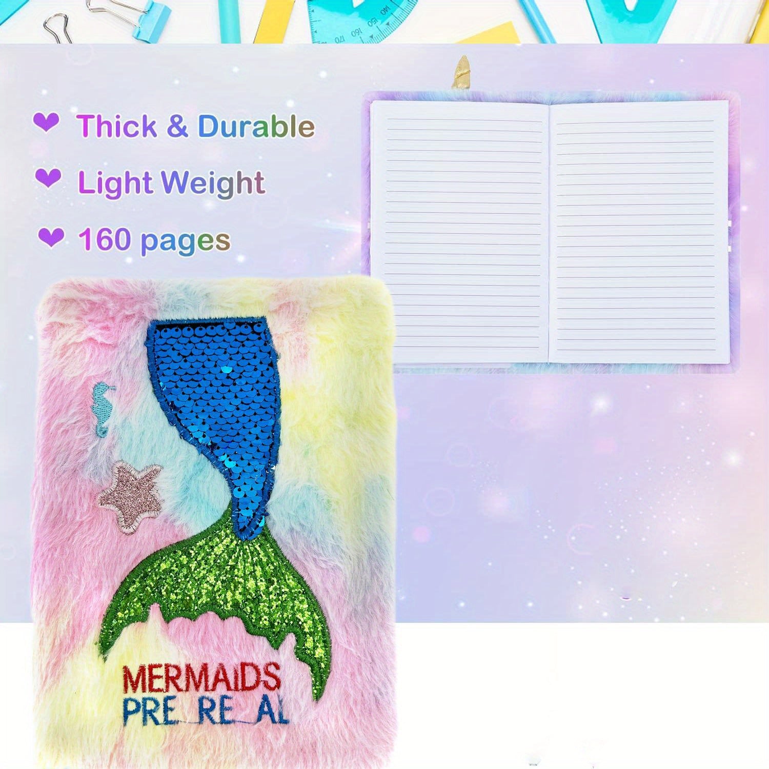Mermaid Tail Plush Notebook A5 Wide Grid 80 Sheets Soft Furry Cover