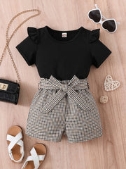 Girls Ruffled Short Sleeve Tee & Plaid Shorts Set with Belt